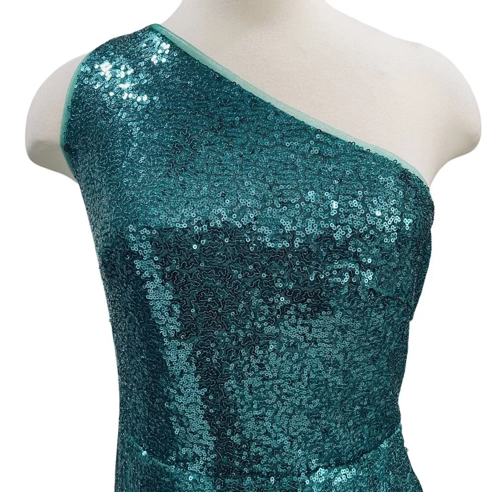 Teal Sequin One Shoulder Slit Maxi Dress Formal Gown Prom‎ Y2K Party Sexy - Picture 3 of 11